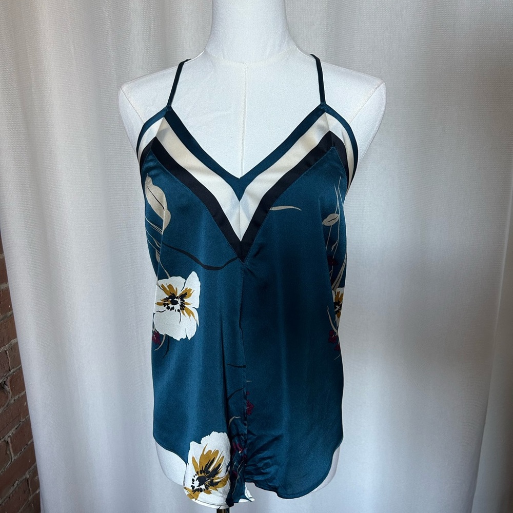 Etam Teal Floral Satin Camisole Top XS Open Back